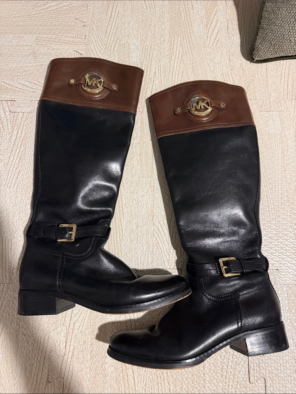 Michael Kors Black Leather Riding Boots with Brown Cuffs & Gold MK Plaques